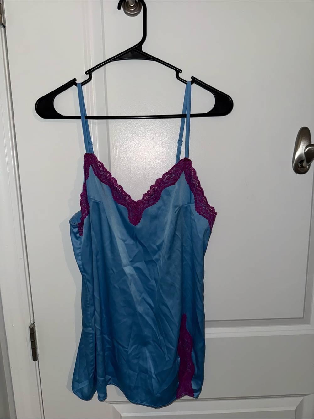 Victoria's Secret Blue Satin Chemise with Purple Lace Trim